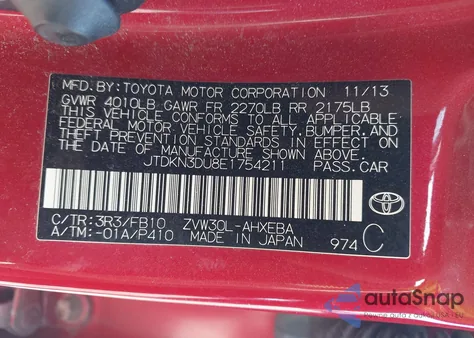2014 Toyota Prius Two from USA, damaged, VIN JTDKN3DU8E1754211